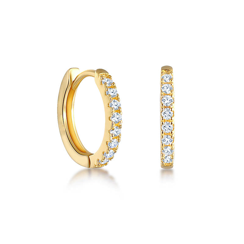 Photo of huggie earrings with cubic zirconia pave detailing. made from sterling silver plated with 18k 1-micron gold